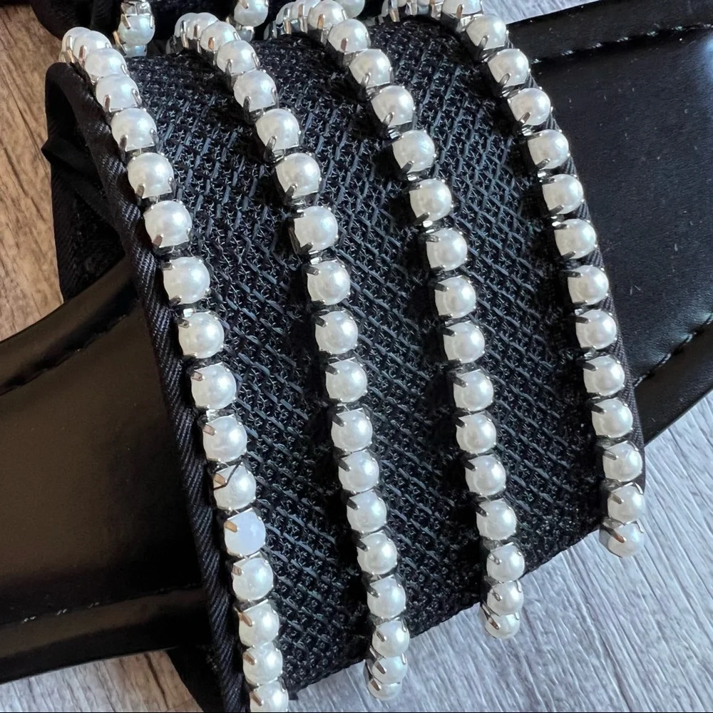 Zara Pearl Mesh Slide Sandals Black Rhinestone Flats Size 42 - Picture 5 of 10